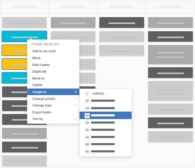Assigning several tasks to a user with the right-click menu