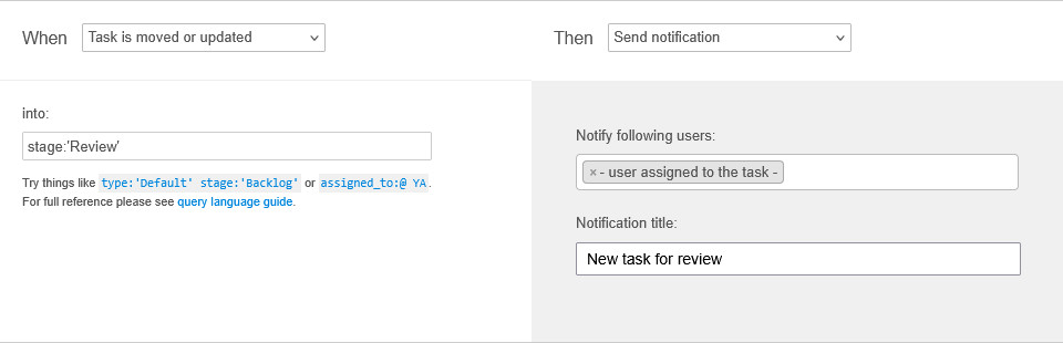 A custom process automation rule in a Kanban Tool board
