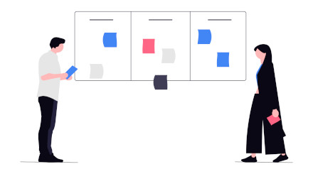 Colleagues discussing a project in front of a Kanban board