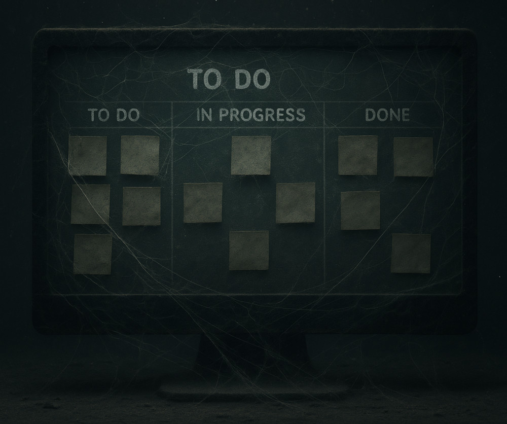 Digital Kanban board covered in cobwebs symbolizing stagnation and neglect of the process