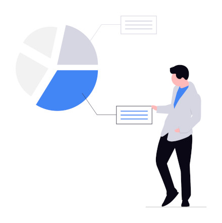 Man stands in front of a pie chart analysis