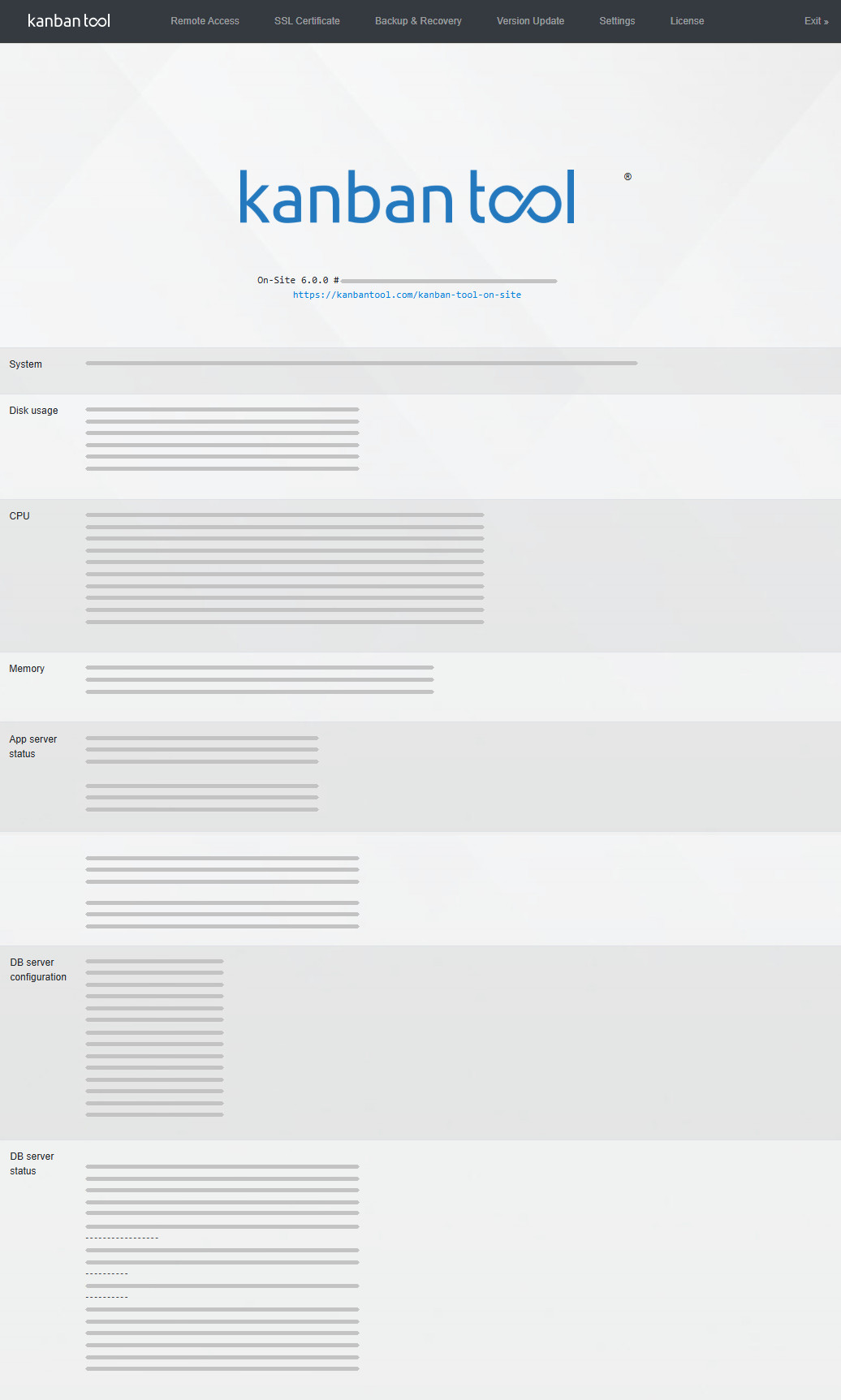 Kanban Tool On-Site settings page