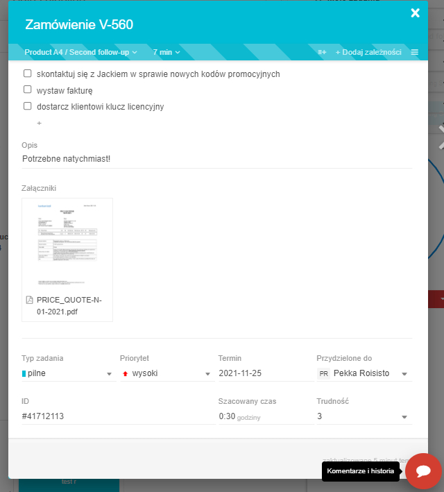 Kartka Kanban w cyfrowym narzędziu Kanban Tool