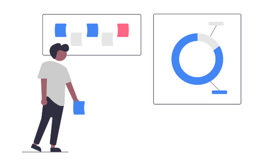 Man in front of a Kanban board and a pie chart