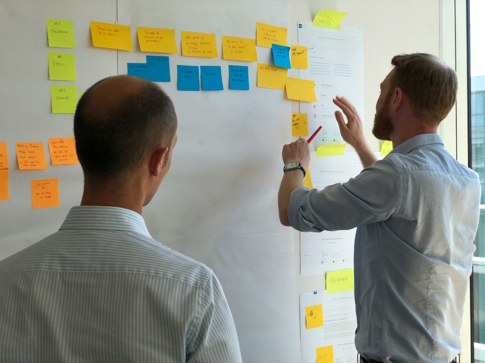 Colleagues collaborating on a visual board on an office wall