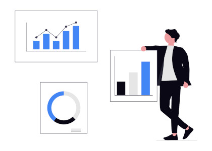 Manager stands next to performance metric graphs