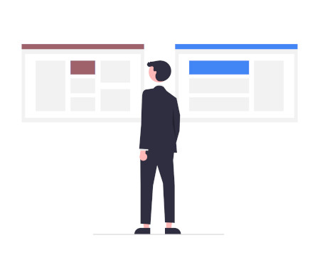 Man faces a choice of two visual boards