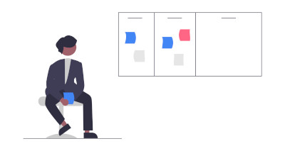 Man sitting deep in thought next to a Kanban board