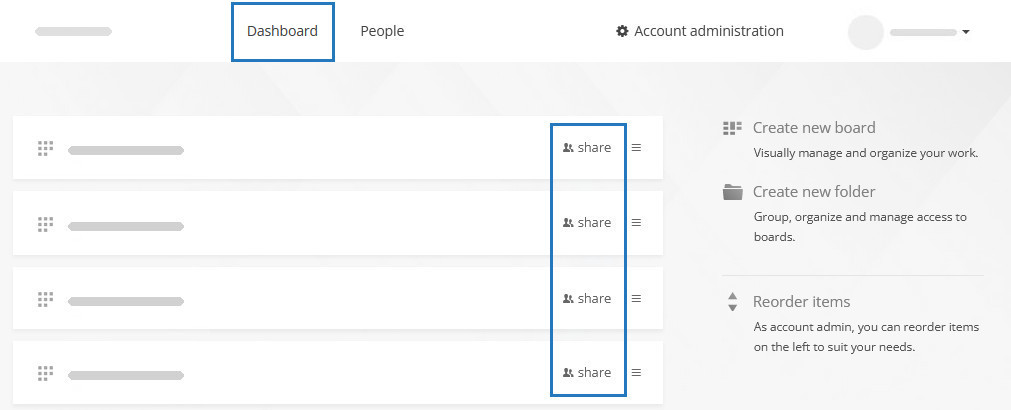 The share links on the dashboard