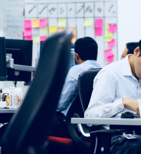 A team at their desks with a Scrum board on the wall behind them