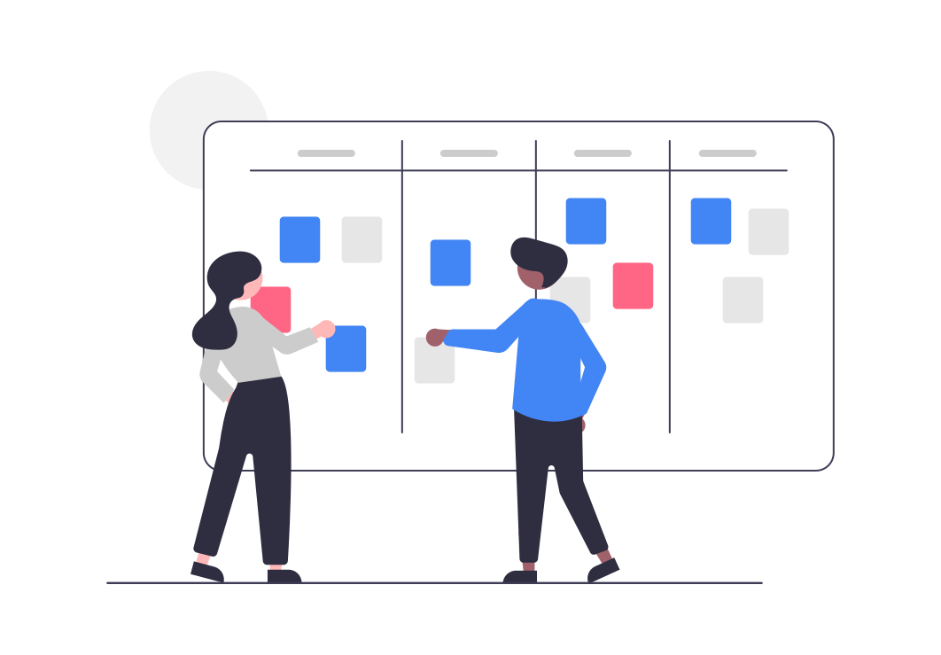 A team stands in front of a visual board with sticky notes