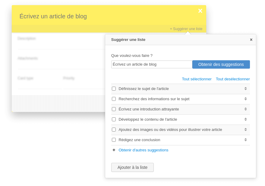 Générer des suggestions de listes de contrôle sur une carte Kanban Tool avec un assistant AI