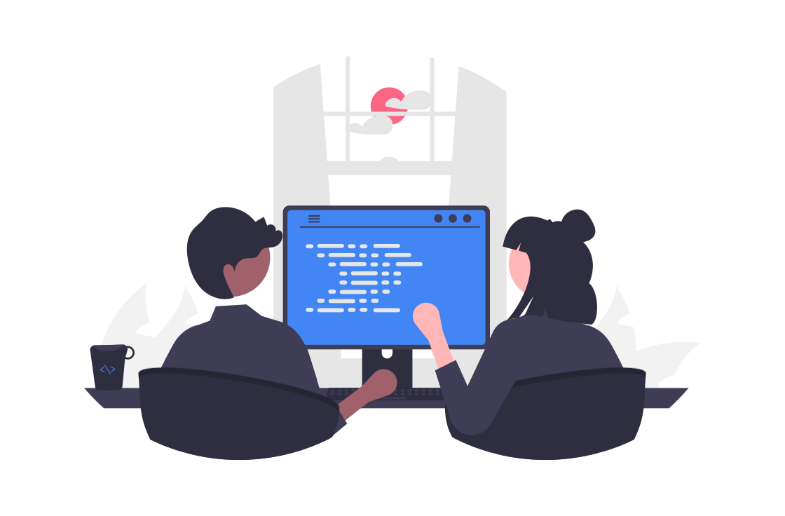 Two engineers sit together at a desktop during pair programming