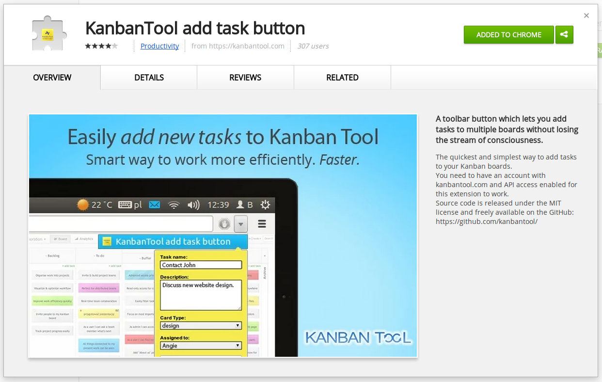 Add Task Button Chrome extension for Kanban Tool